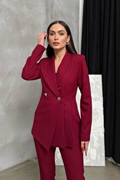 msm fashion Kadın Bordo Blazer Ceket Pantolon Takım Pileli Düğme Detaylı Boru Paça