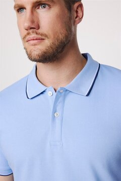 Tudors Erkek Slim Fit Dar Kesim %100 Pamuk Düz Pike Kol Şeritli Mavi Polo Yaka Tişört
