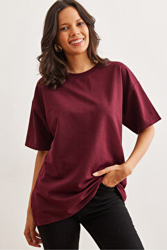 Olalook Kadın Bordo Ön Arka Baskılı 2 iplik Unisex Oversize Tişört TSH-19000696