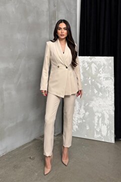 msm fashion Kadın Blazer Ceket Pantolon Takım Bej Pileli Düğme Detaylı Boru Paça