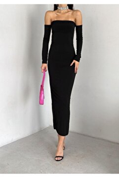 WEAR AND WEAR Kadın Siyah Madonna Yaka Vücuda Oturan Esnek Uzun Kollu Maxi Uzun Elbise Günlük Basic Uzun Elbise