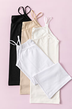 SATENIA LINGERIE Kadın Siyah, Beyaz, Ekru, Ten 4'lü Paket Likralı İp Askılı Atlet