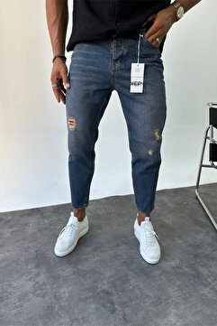 MADZEYMODA Boyfriend Erkek Yırtık Detaylı Mavi Jean Kot Pantolon
