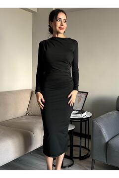 WEAR AND WEAR Kadın Siyah Drapeli Vücuda Oturan Esnek Uzun Kollu Maxi Uzun Kylie Elbise Günlük Basic Uzun Elbise