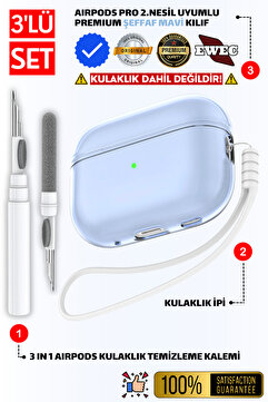 EWEC Pro 2.Nesil Uyumlu Şeffaf Mavi Kulaklık Kılıfı, Kulaklık İpi ve 3'ü 1 Arada Temizleme Kalemi Seti