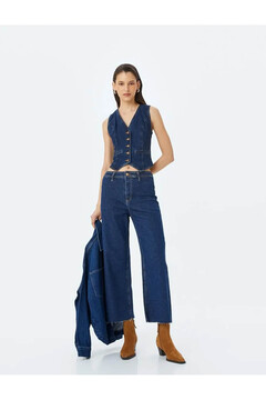 Koton Culotte Jean-Geniş Kesik Paça Normal Bel Koyu İndigo Kadın Jean Pantolon 5SAL40128MD