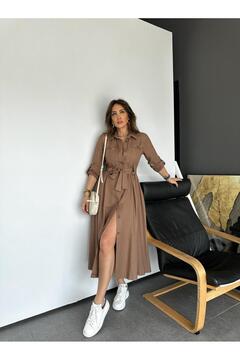 Genel Markalar Kahve Kuşaklı Düğmeli Safari Elbise