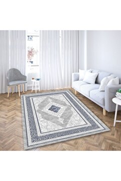 armolin Lacivert Beyaz Nakış Desenli Kadife Görünümlü Lastikli Halı Örtüsü (SÜNGERSİZ) SZZ-1145