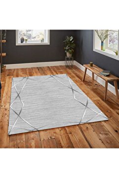 armolin Gri Beyaz Asimetrik Çizgili Kadife Görünüm Lastikli Halı Örtüsü (SÜNGERSİZ) Szz-503