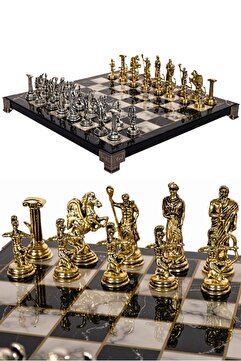 Cooper Chess Metal Satranç Takımı | 25cm Mermer Desenli Satranç Tahtası | Mitolojik Tanrı Figürlü Roma Okçu
