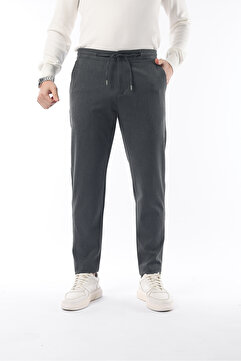 İDS COLLECTİON Erkek Likralı Pantolon Slimfit Antrasit Jogger Mevsimlik - Bağcıklı Bel & Lastikli Paça