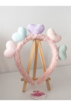 Sweet twins accessories Renkli Kalpli Pembe Çocuk Taç Peluş Çocuk Tacı