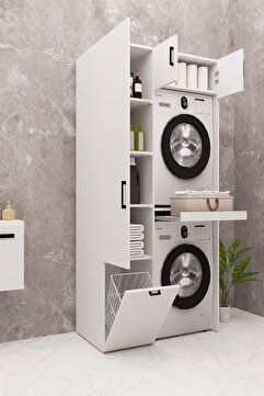 DEMİRBAL MOBİLYA Mdf Çamaşır Makinesi Kurutma Makinesi Dolabı Mdf Kirli Sepetli Çekmeceli