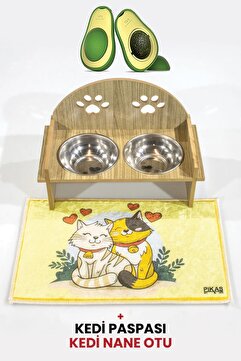 GOBYPET İsme Özel Pati Mama Kabı 2 Kaseli Kedi Köpek Suluk Mamalık, Paspas Ve Avokado Kedi Nanesi Hediye
