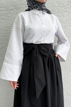 MELEK ARAZ Minimalist Oversize Yarasa Kol Poplin Kadın Gömlek - Beyaz