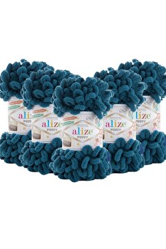 Alize ( 5 Adet ) Puffy 646 El Örgü Ipliği 5'li Paket - 646 Petrol - 100 Gr. 9 Mt. Parmak Örgü Ipi