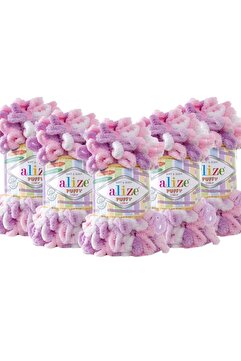 Alize Puffy Color El Örgü Ipliği 5'li Paket 6051 Lila Pembe 100 gr 9 mt Parmak Örgü Ipi
