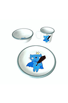 Bidoluraf Super Cat Bebek/çocuk Emaye Kırılmaz Yemek Mama Seti 3 Parça (TABAK - KASE - KUPA)