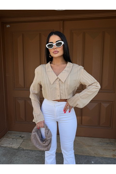 LB Laluna Butik Kadın Yaka Detaylı Kolu Pileli Crop Gömlek Bluz