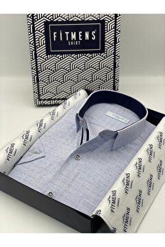 Fitmens Klasik Kısa Kol Keten Cotton Desenli Pamuk Hediye Kutulu Erkek Gömlek FS-003008 - Mavi