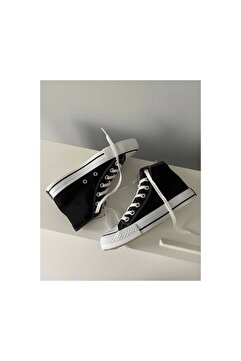 aleynashoes Siyaha Beyaz Keten Günlük Bilekli Uzun Spor Ayakkabı Unisex Sneaker