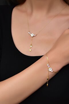 Papatya Silver 925 Ayar Gümüş Gold Kaplama Zincir Sallantılı Taşlı Sedef Manolya Çiçeği Kolye Ve Bileklik Set