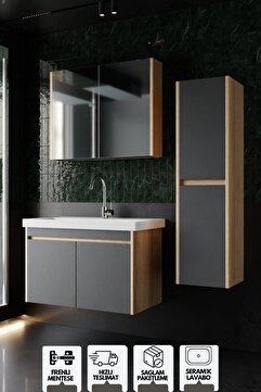KAREN BANYO Dallas 80 Cm Lavabolu, Aynalı, Banyo Dolabı, Lavabo Dahil Boy Dolabı Dahil S.meşe-antrasit