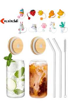 Yenigeldi 2 Adet Isıya Dayanıklı Pipetli Bambu Kapaklı Bardak 2 Pipet Kapağı 2 Cam Pipet Ve 1 Fırça)