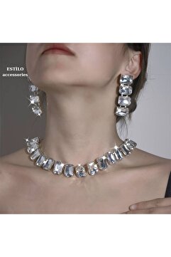 Estilo Lingerie Beyaz Kristal Taşlı Model Lüks Takı Seti Davet Seti Hediye Takı Seti.