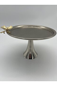 Fiyakalı Ürünler Atölyesi Ayaklı Gümüş Yuvarlak Metal Çay Ve Kahve Servis Tepsisi, Pasta, Kek, Kurabiye, Çeyizlik Sunum Tepsi