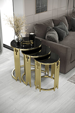 home plus mobilya Himalaya Piyano 3'Lü Gold Siyah Zigon Sehpa Takımı