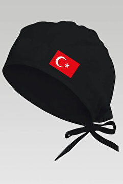 enmalife Türk Bayraklı Siyah Chef Bonesi | Özel Tasarım Aşçı Ve Şef Bonesi