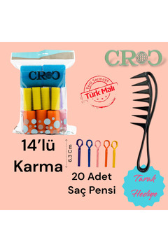 Croc 1210 Cırtlı Sünger Bigudi 14lü Karma Paket Yapışkanlı Saç Bigudisi ( 20 Saç Pensi)