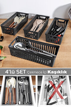 Meleni Home 4'lü Modüler Kaşıklık Seti - Mutfak Düzenleyici Çekmece İçi Organizer Bıçaklık Kepçelik Siyah