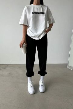 DUBU BUTİK Thatssofetch Beyaz T-shirt Siyah Eşofman Altı Jogger - Baskılı Alt Üst Takım Bisiklet Yaka