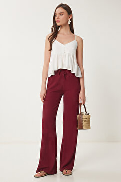 Happiness İstanbul Kadın Bordo Dokulu Geniş Paça Yazlık Örme Pantolon ZV00272