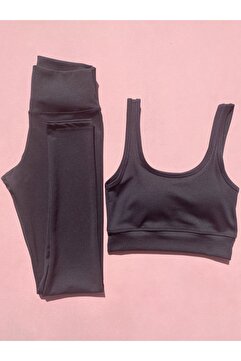 LEYNA BUTİK Kadın Spor Takım | Toparlayıcı Fitilli Tayt & Pedli Crop – Siyah