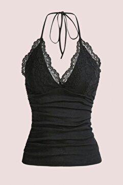 Violon Siyah Dantelli V Yaka Gothic Boyun Bağlamalı Full Body Crop