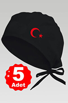 enmalife 5li Kırmızı Ay Yıldız Basklılı Siyah Özel Tasarım Aşçı Ve Şef Bonesi