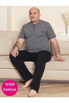 GUAVA+ Erkek Antrasit Geniş Kalıp %100 Pamuk Kısa Kol Cepli Büyük Beden Pijama Takımı