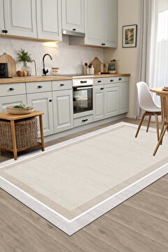 West Home Makinede Yıkanabilir Kaymaz Taban Leke Tutmaz Bej Çizgili Salon Halısı Mutfak Halısı ve Yolluk
