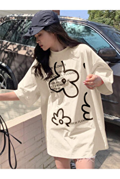Revasser Unisex Erkek/Kadın FLOWER Renkli Özel Baskılı Oversize Pamuklu Bisiklet Yaka T-Shirt Tişört