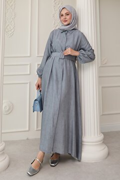 InStyle Gömlek Yaka Kemerli Düz Gri Elbise