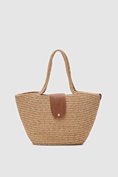 Shule Bags Duffy Kapaklı Handmade Hasır Tote Çanta Vizon