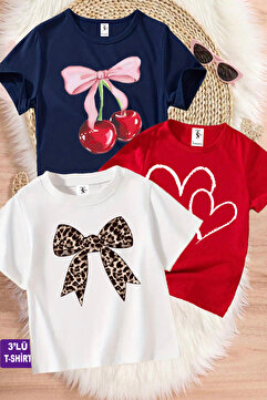 twins tailors Kurdale Ve Kalp Baskılı 3'lü Paket Lacivert-Kırmızı-Beyaz Kız Çocuk T-shirt