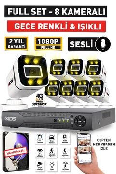 IDS SESLİ - 8 KAMERALI FULLHD GECE RENKLİ VE IŞIKLI GÜVENLİK KAMERASI - KAMERA SETİ HARD DİSKSİZ