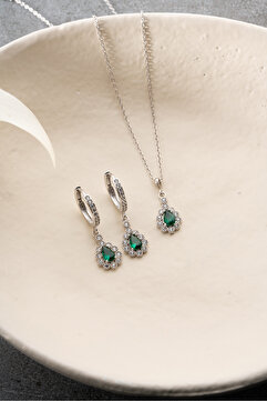 Silvano Jewelry 925 Ayar Gümüş Zümrüt Yeşil Takı Seti