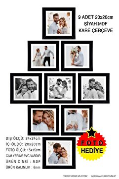 yhfoto 9 Adet 20x20 Çerçeve - Siyah Çerçeve - Kare Mdf Çerçeve - Fotoğraf Çerçeve Seti