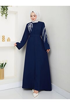 EFSUN MODA TAŞLİ ABAYA TESETTÜR GIYIM KADIN FERACE ELBISE LACIVERT