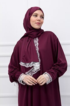 Defka Kendinden Başörtülü Şık Dantelli Kadın Tesettür Namaz Elbisesi